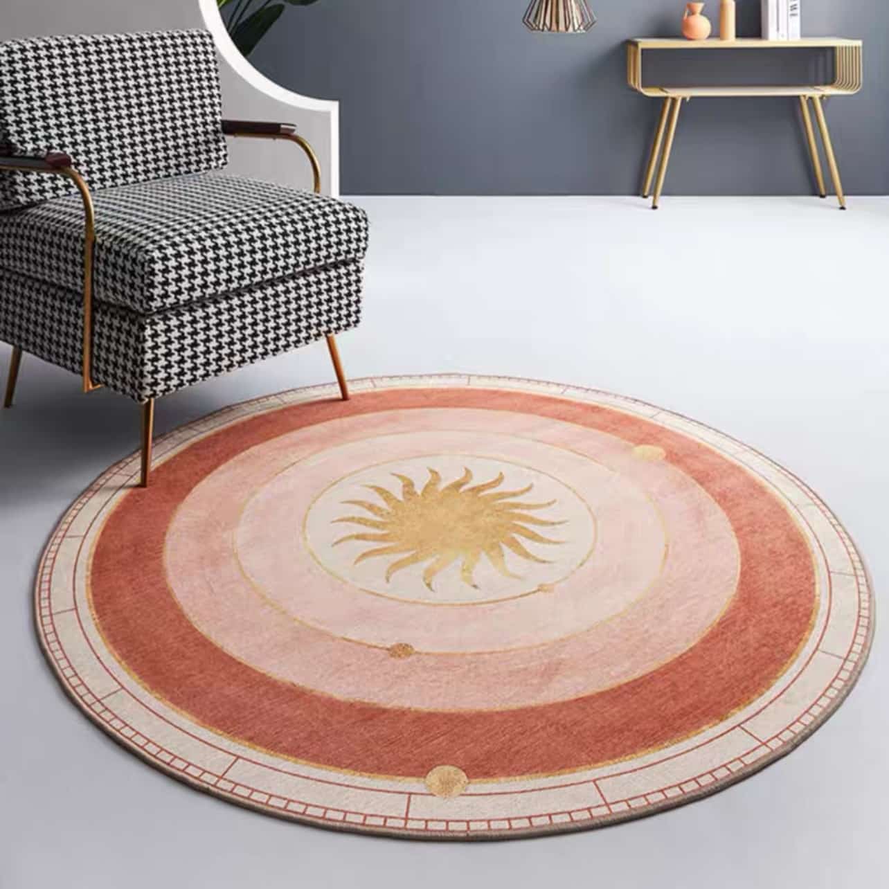 Golden Sun and Moon Round Rug