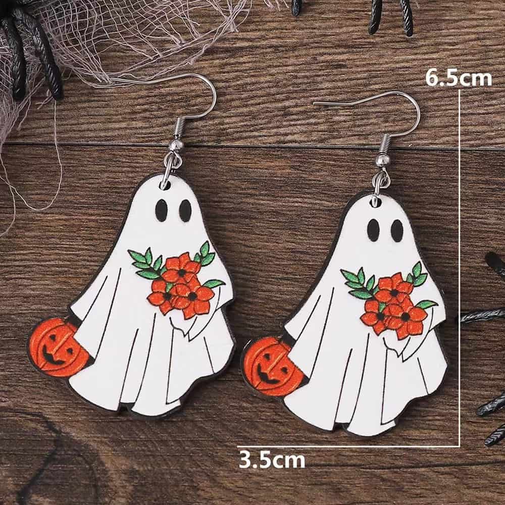 Ghost Wooden Earrings With Pumpkin