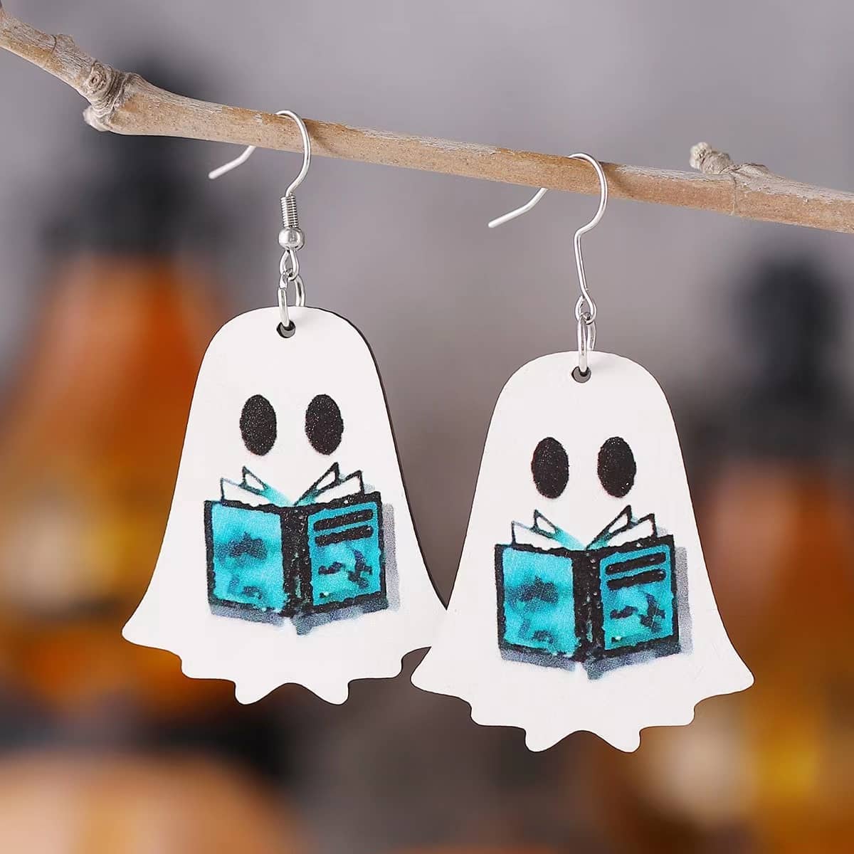 Ghost Wooden Earrings With Book