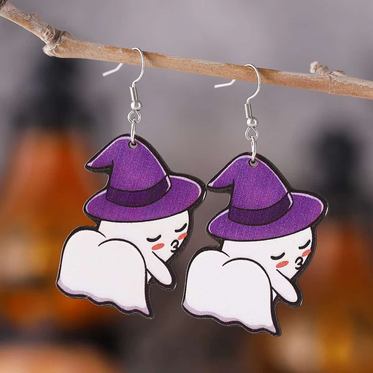 Ghost Wooden Earrings With Magic Hat