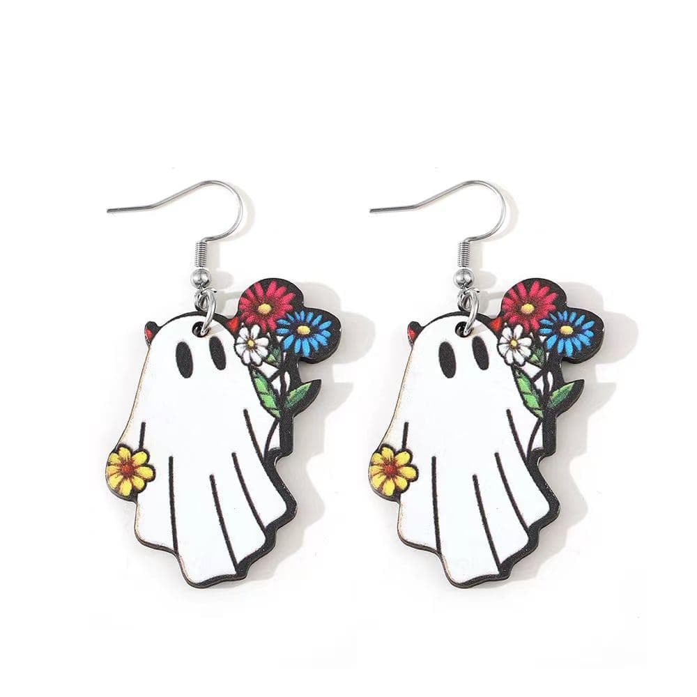 Ghost Wooden Earrings With Bouquet