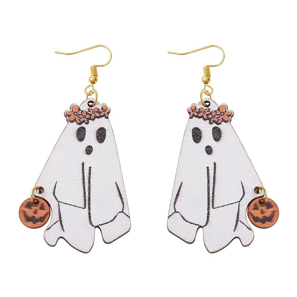 Ghost Wooden Earrings With Jack-O'-Lantern