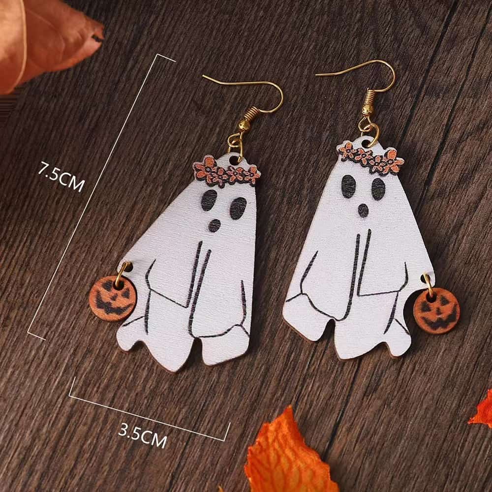 Ghost Wooden Earrings With Jack-O'-Lantern