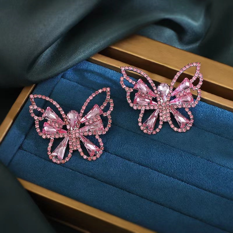 Rhinestone Butterfly Earrings In Pink