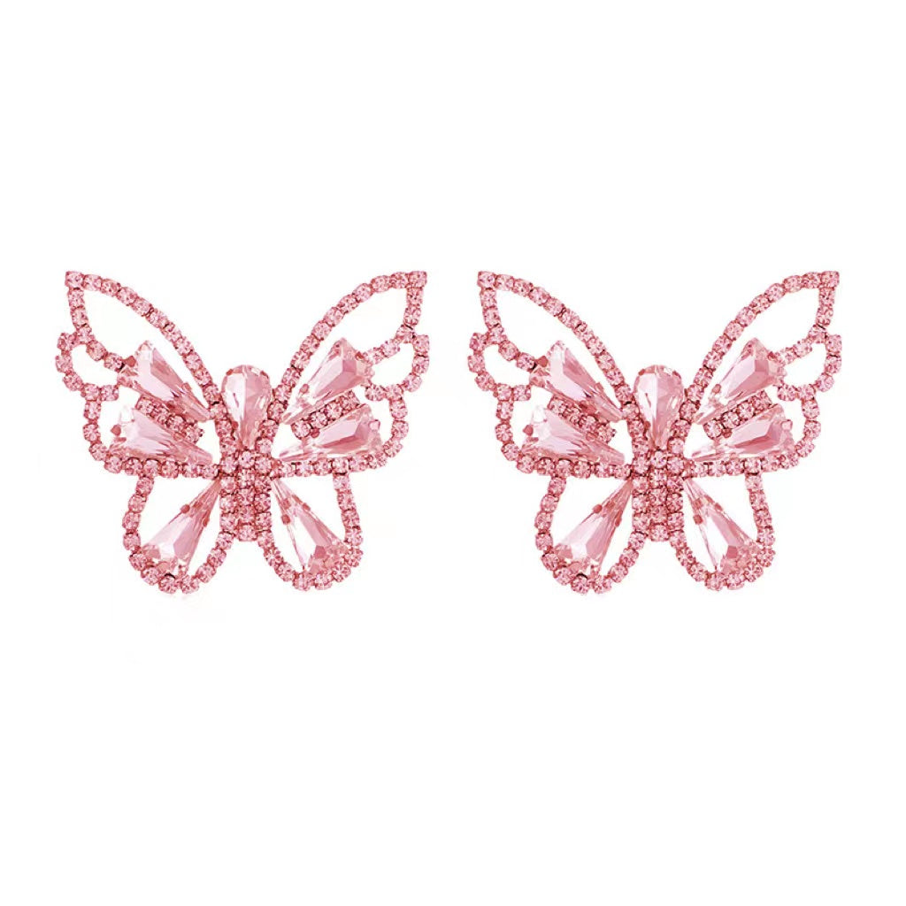 Rhinestone Butterfly Earrings In Pink