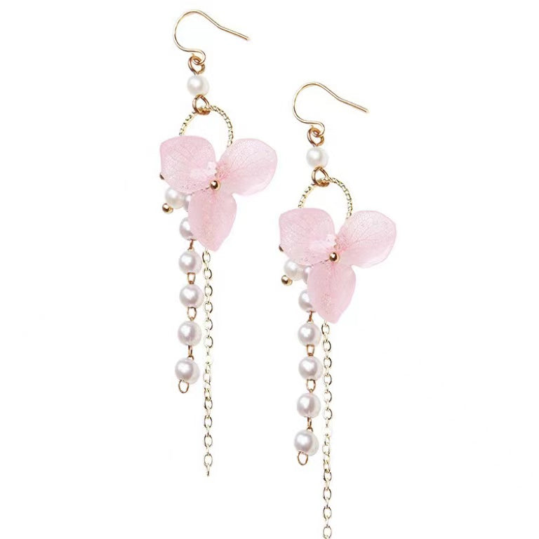 Pearl Tassels Hydrangea Earrings within Pink