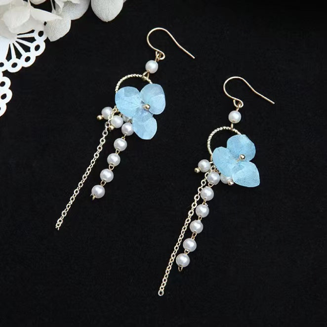 Pearl Tassels Hydrangea Earrings within Sky