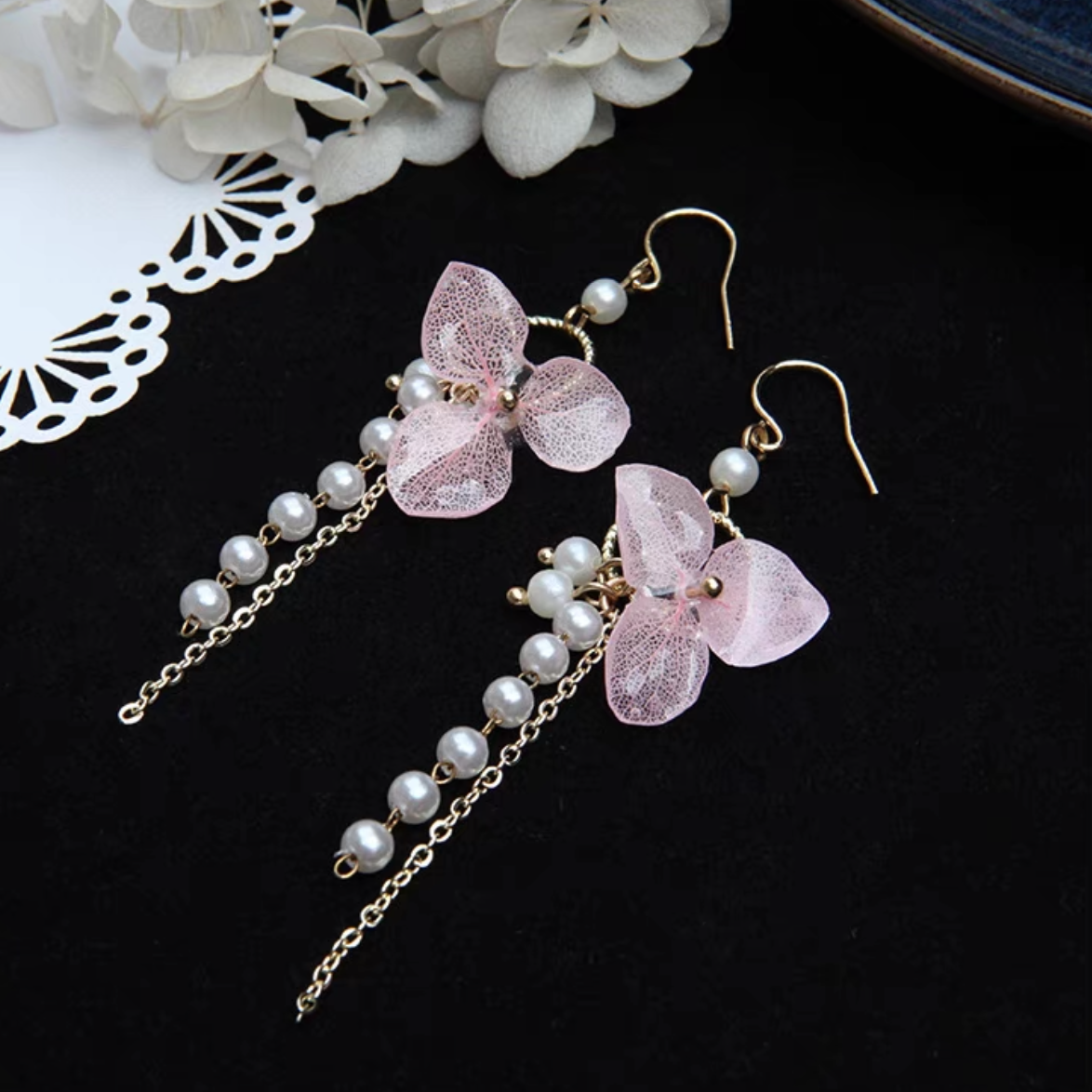 Pearl Tassels Hydrangea Earrings within Pink