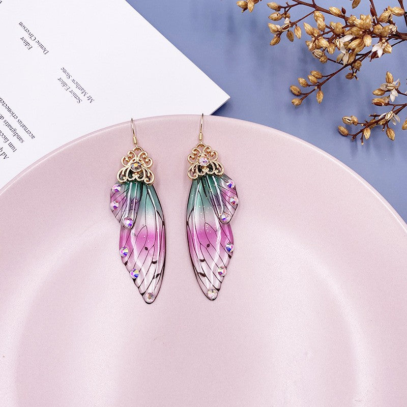 Fantasy Green&Pink Butterfly Wing Earrings