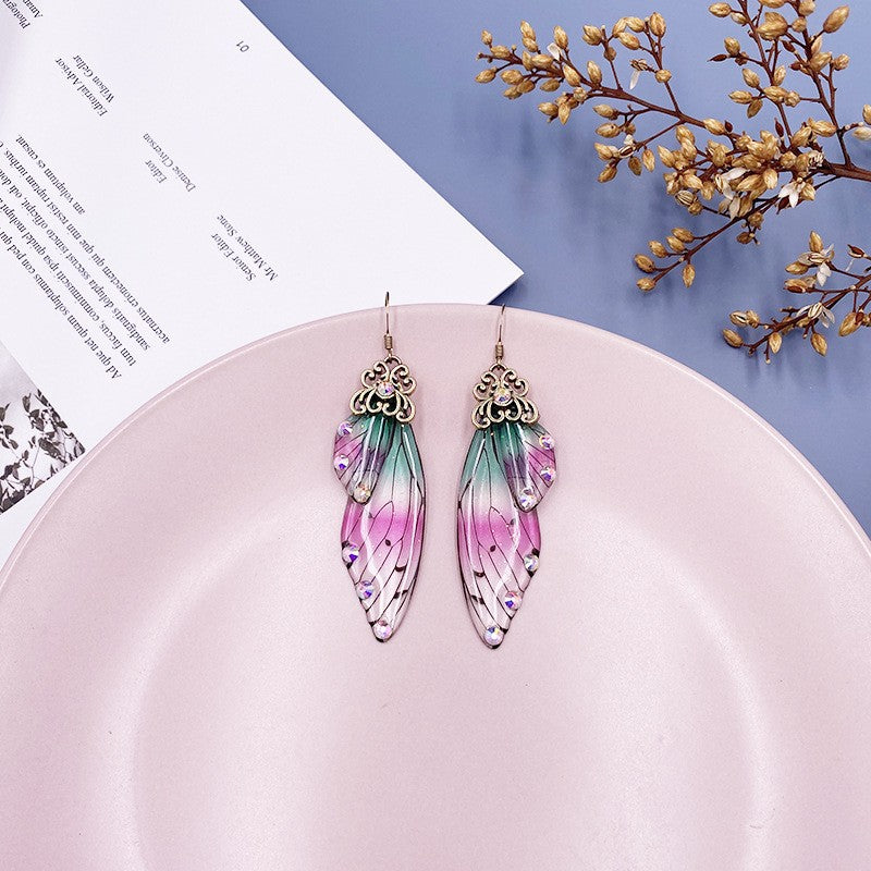 Fantasy Green&Pink Butterfly Wing Earrings