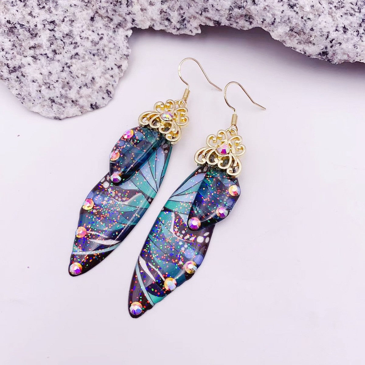 Green Pattern Butterfly Wing Earrings