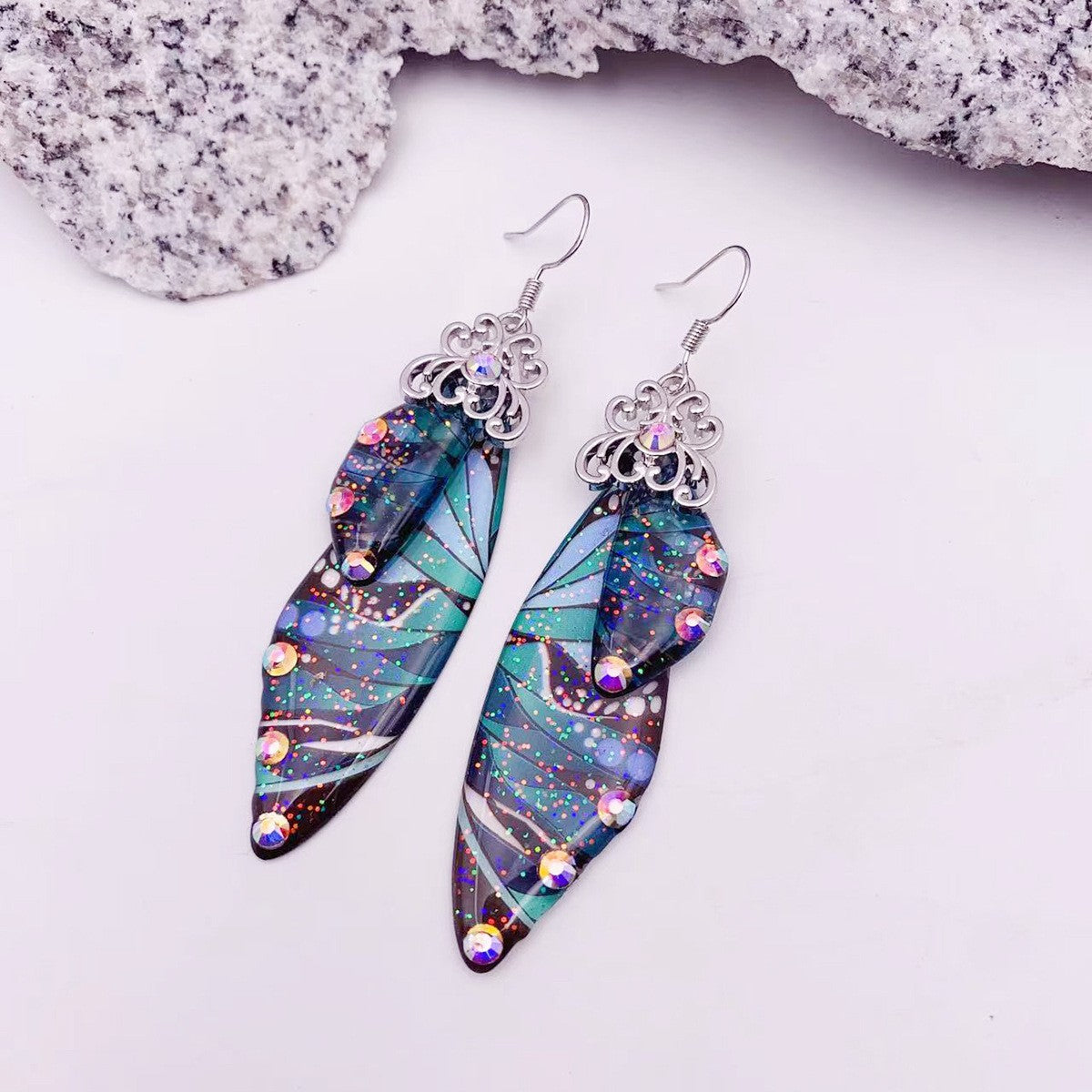 Green Pattern Butterfly Wing Earrings