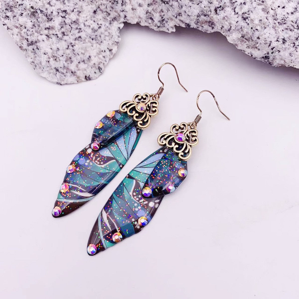 Green Pattern Butterfly Wing Earrings