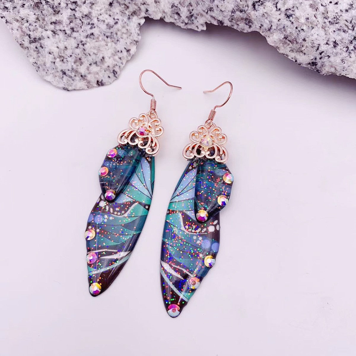 Green Pattern Butterfly Wing Earrings