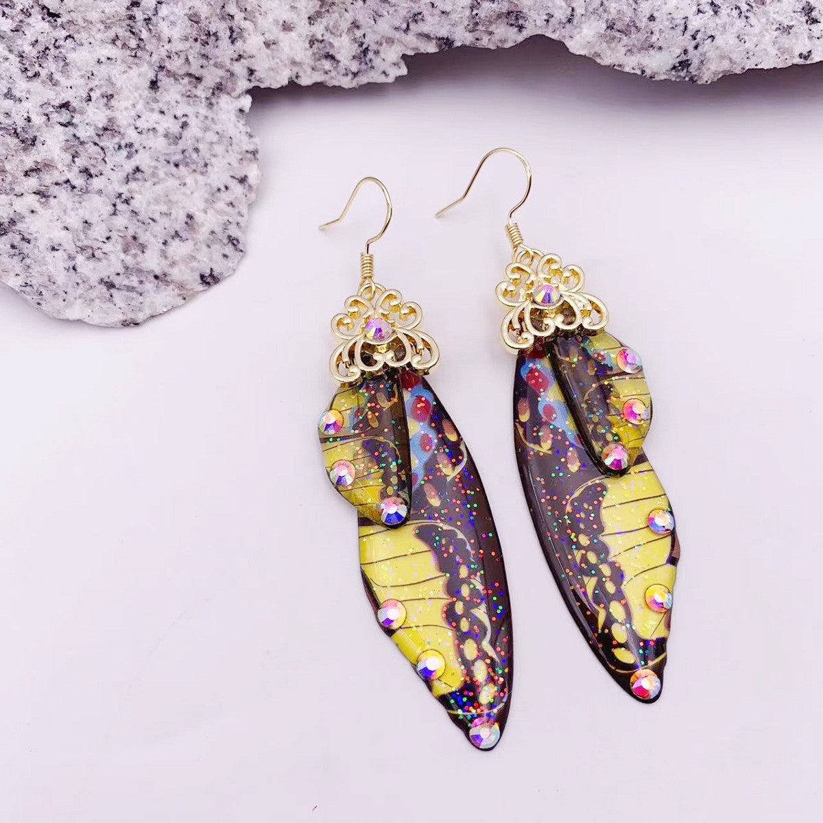 Yellow Pattern Butterfly Wing Earrings