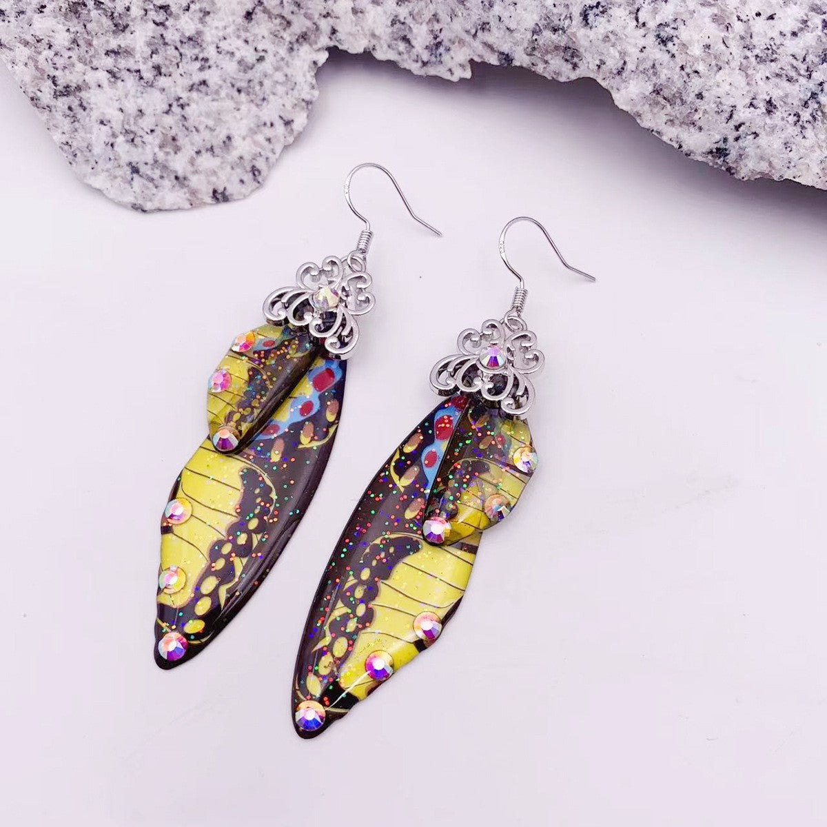 Yellow Pattern Butterfly Wing Earrings