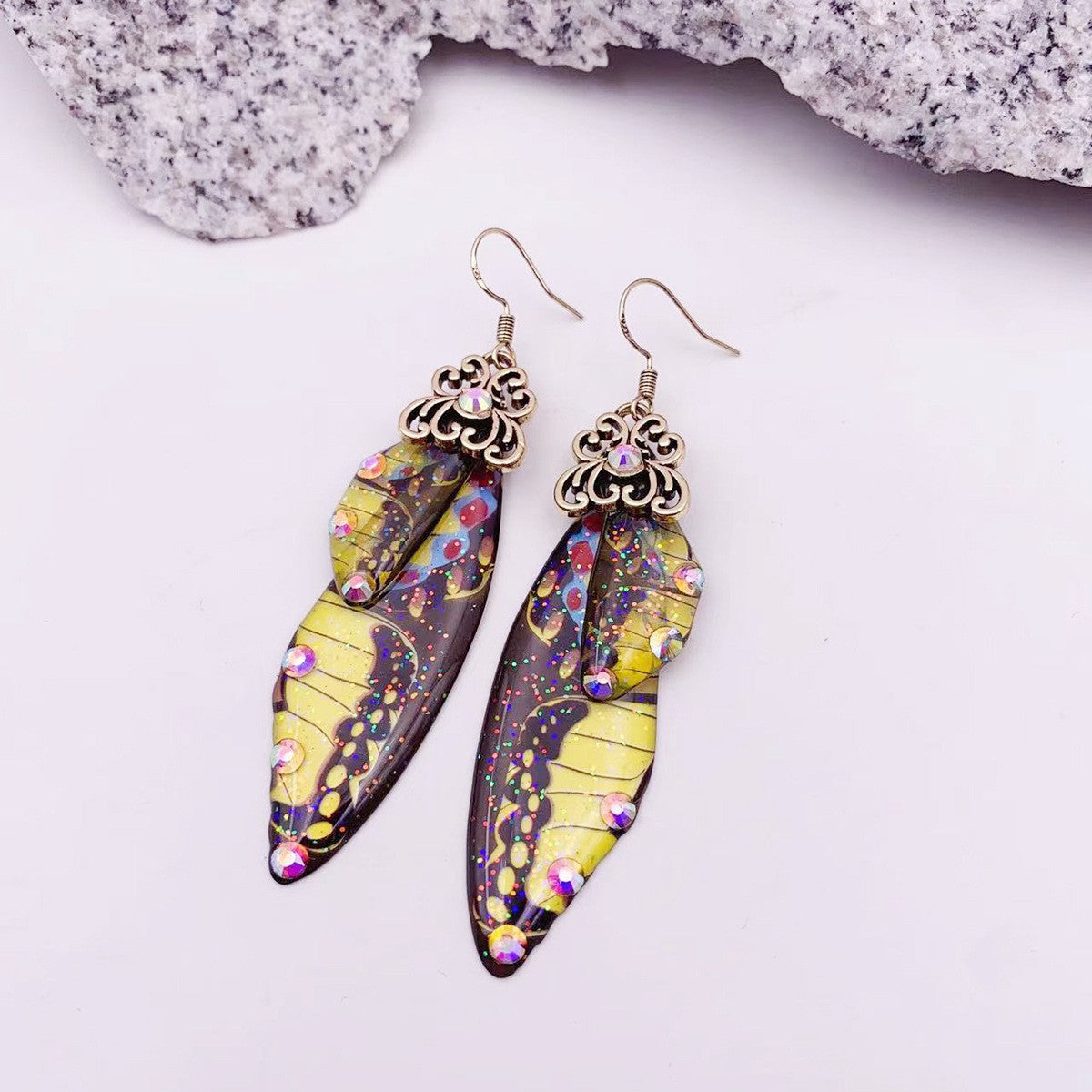 Yellow Pattern Butterfly Wing Earrings