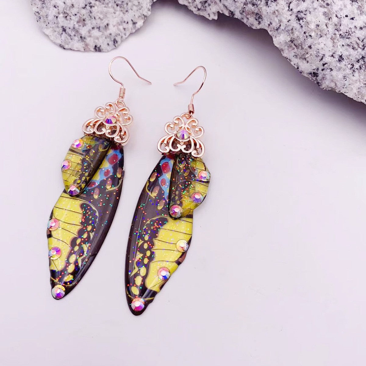 Yellow Pattern Butterfly Wing Earrings