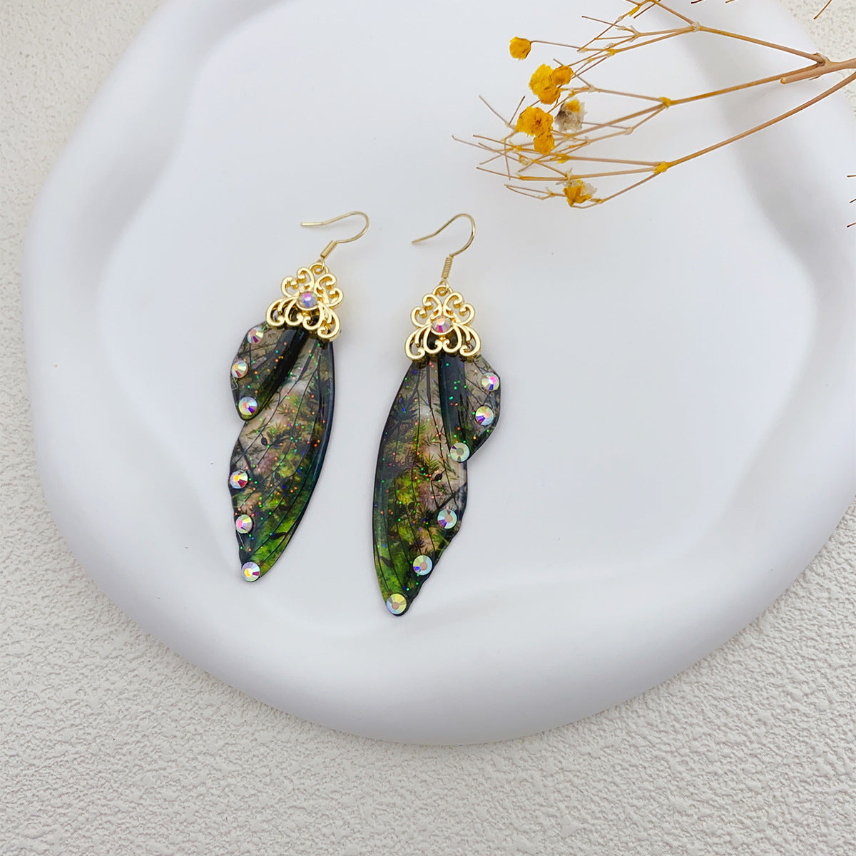 Retro Green Butterfly Wing Earrings