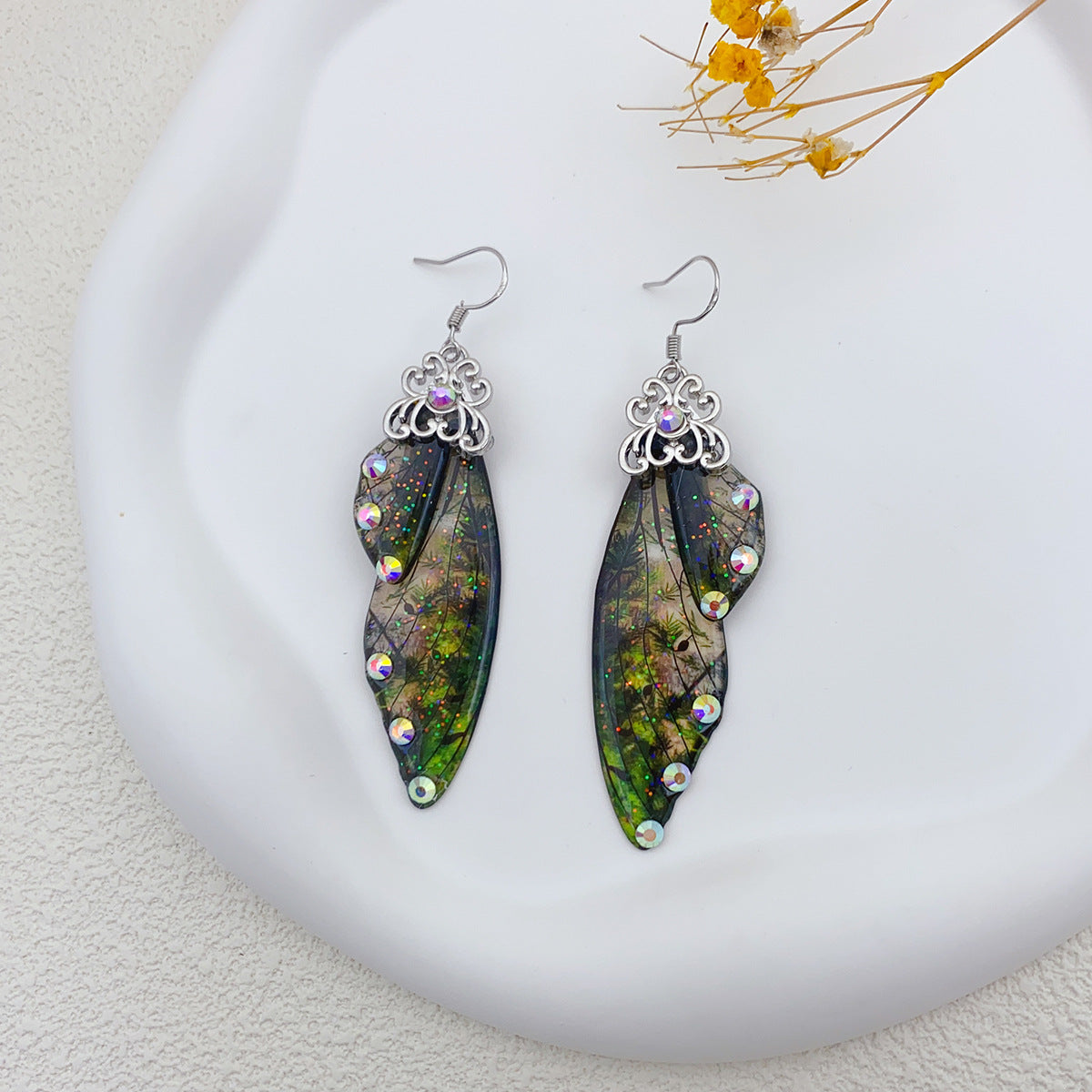 Retro Green Butterfly Wing Earrings