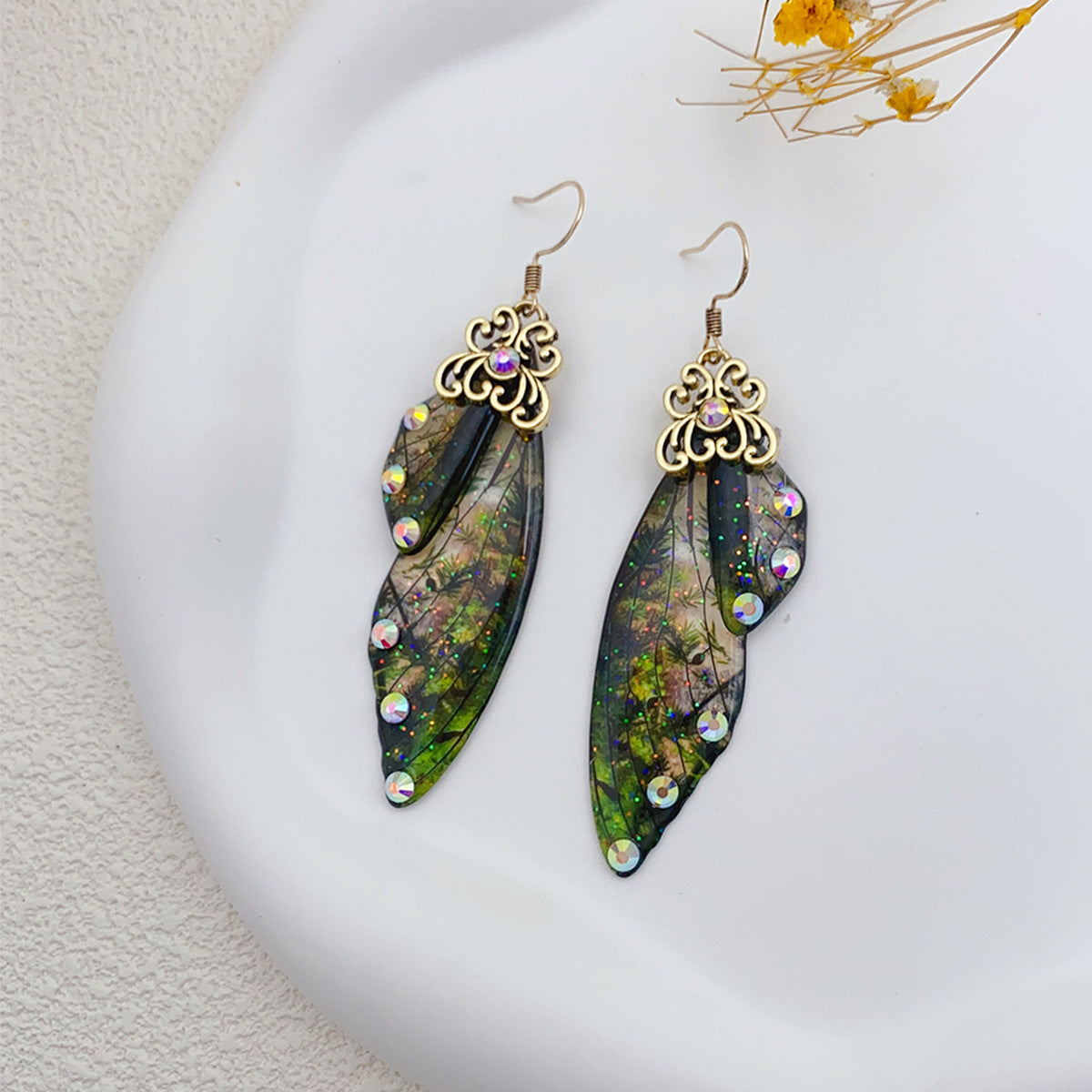 Retro Green Butterfly Wing Earrings